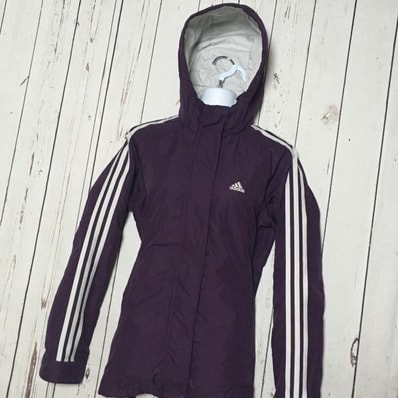 adidas★ベンチコート【レディースM/パープル×ホワイト】フーディー中綿ブルゾン/比翼仕立て/3ストライプス/アディダス◆K40