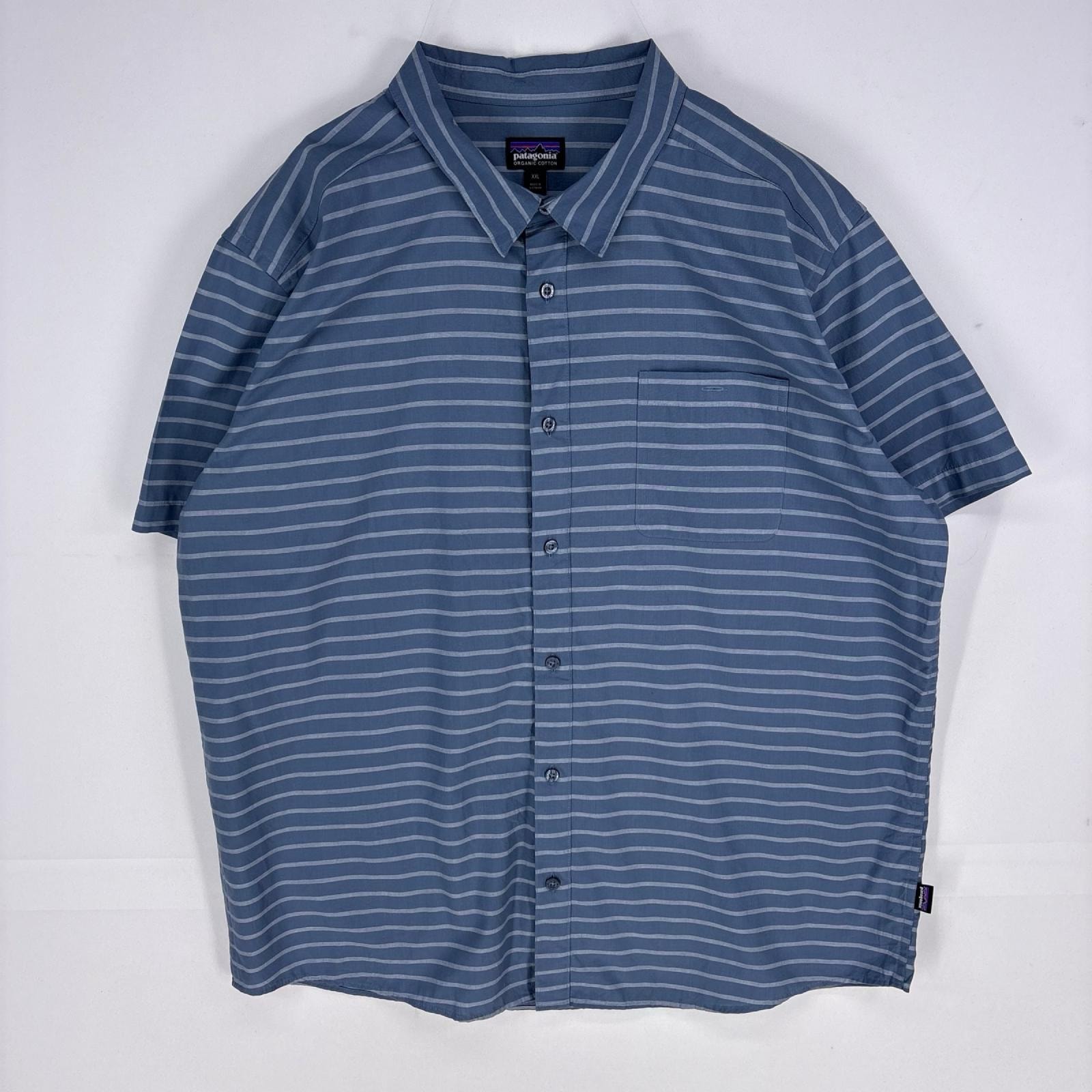 古着 パタゴニア patagonia 半袖シャツ 胸ポケット アウトドア ショートスリーブ ワンポイント 2XL  ブルー系 ボーダー メンズ