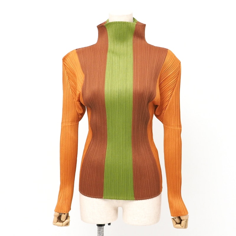 ■美品■PLEATS PLEASE ISSEY MIYAKE プリーツプリーズ イッセイミヤケ カットソー サイズ4 長袖 ハイネック プリーツ トップス オレンジ/ブラウン/グリーン ブランド古着【中古】20241002/RA1406