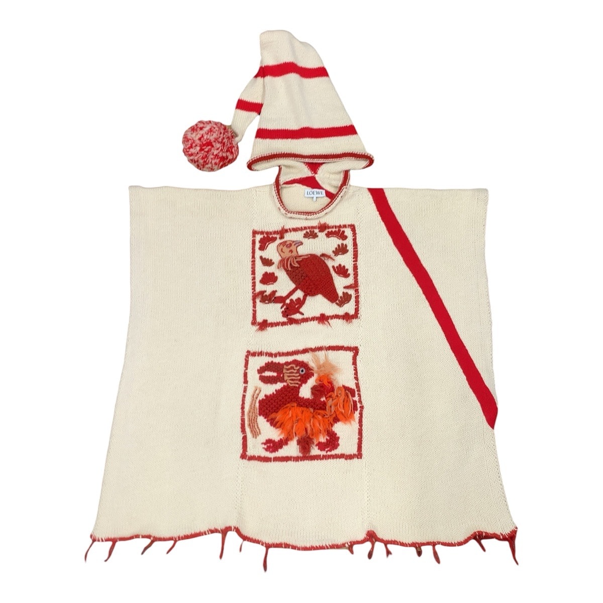 美品 LOEWE ロエベ コレクションライン One Size アイボリー レッド ウール ポンチョ 刺繍ニット 410993 【中古】