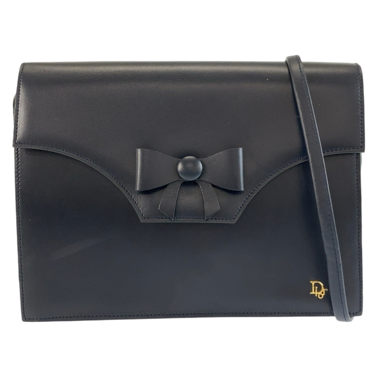 美品 Christian Dior クリスチャンディオール ヴィンテージ リボン ネイビー ゴールド金具 レザー ショルダーバッグ ポシェット 604073 【中古】