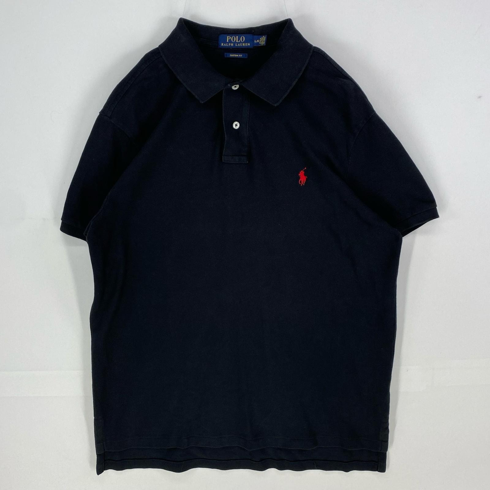 古着 ポロ・ラルフローレン POLO RALPH LAUREN 鹿の子 半袖シャツ ワンポイント ポニー ロゴ刺繍 ポロシャツ L  ブラック系 メンズ