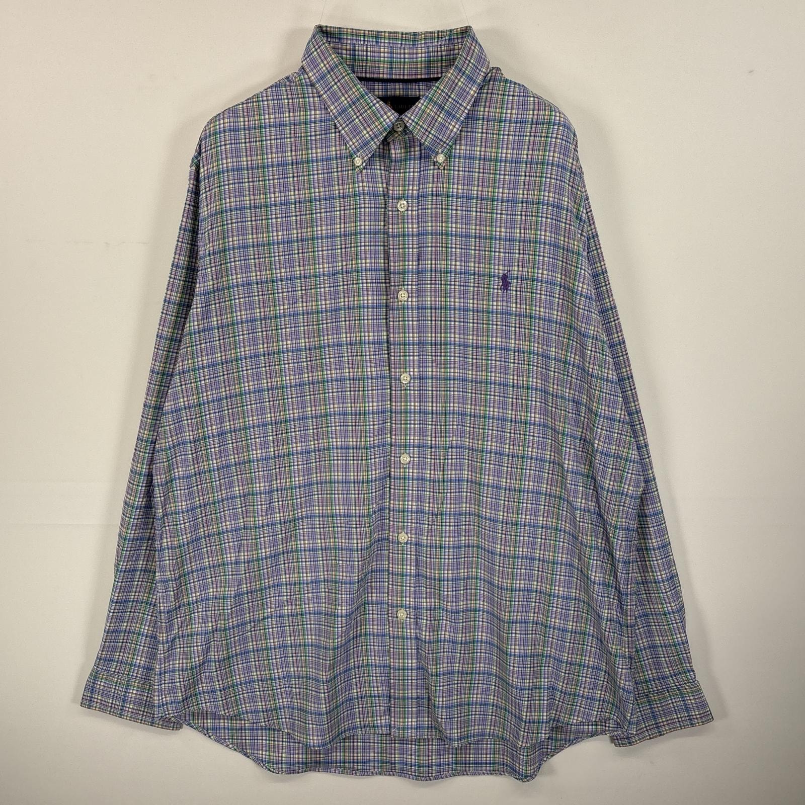 古着 ラルフローレン RALPH LAUREN 長袖シャツ ボタンダウンシャツ ワンポイント ロゴ 刺繍 大きいサイズ XL  パープル系 マルチカラー メンズ