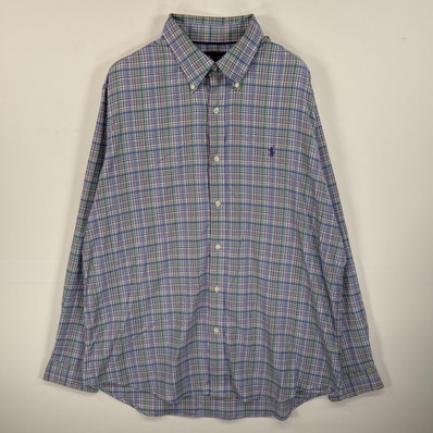 古着 ラルフローレン RALPH LAUREN 長袖シャツ ボタンダウンシャツ ワンポイント ロゴ 刺繍 大きいサイズ XL パープル系 マルチカラー メンズ