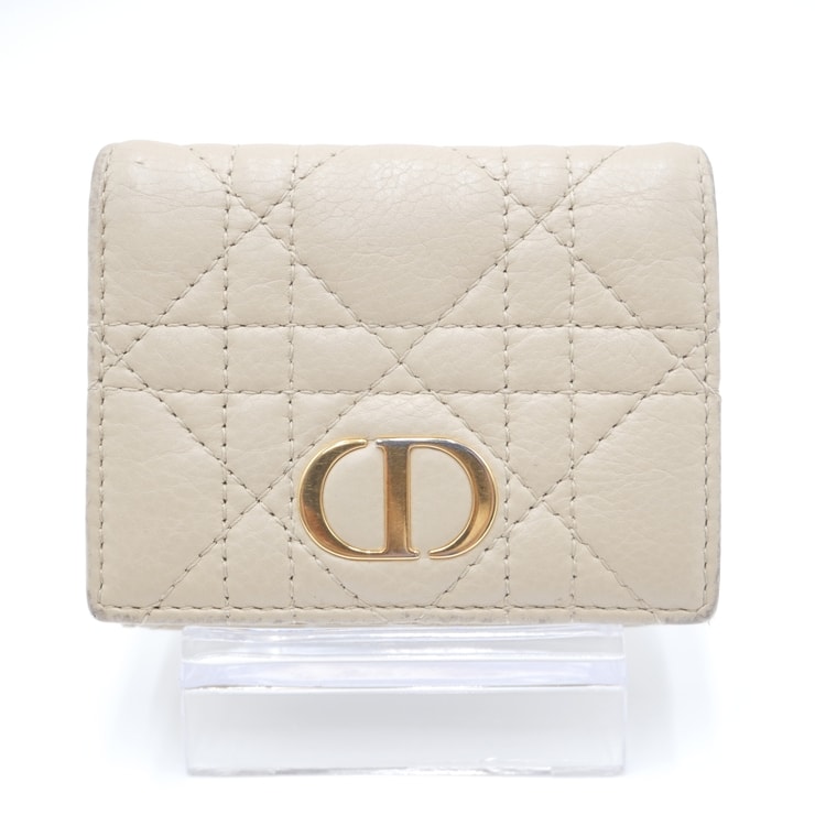 Christian Dior(クリスチャン ディオール)カロ グリシン ウォレット 三つ折り財布 カナージュ ベージュ レザー ゴールド金具 レディース【中古】