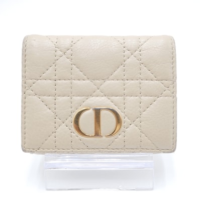 Christian Dior(クリスチャン ディオール)カロ グリシン ウォレット 三つ折り財布 カナージュ ベージュ レザー ゴールド金具 レディース【中古】