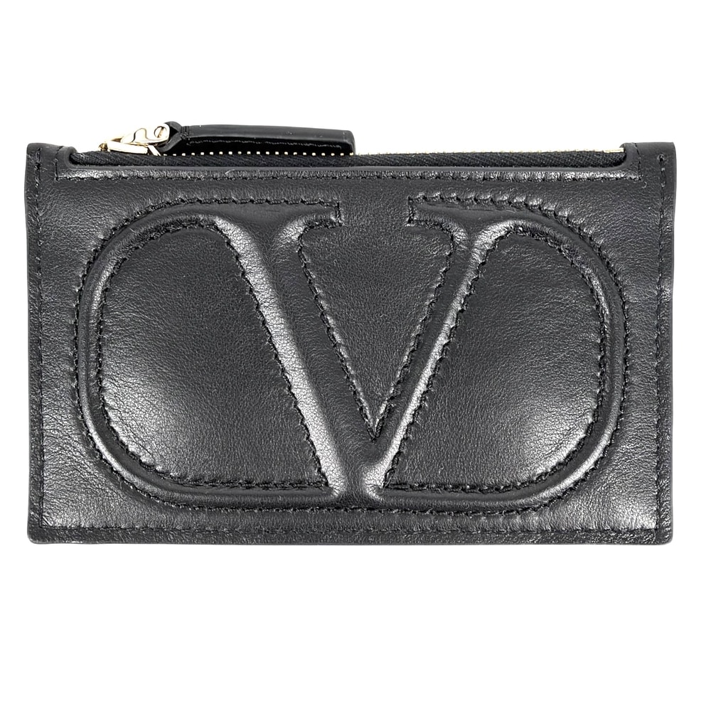 Valentino Garavani ヴァレンティノ・ガラヴァーニ カードケース ロゴ コインケース カードケース レザー ブラック 黒 ゴールド金具 レディース 美品【中古品】