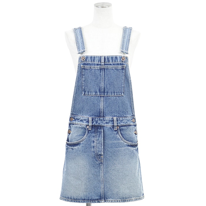 【美品】PRADA プラダ デニムサロペット サイズ 36 レディース ロゴ レザーパッチ ミニ丈 ジャンパースカート オーバーオール ミニドレス ライトインディゴ イタリア製