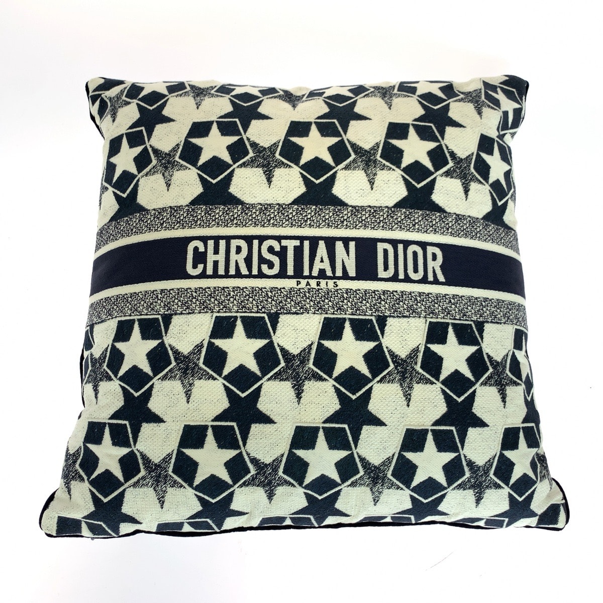 美品 Dior ディオール ロゴ刺繍 男女兼用 ネイビー ホワイト キャンバス インテリア クッション 505118 【中古】