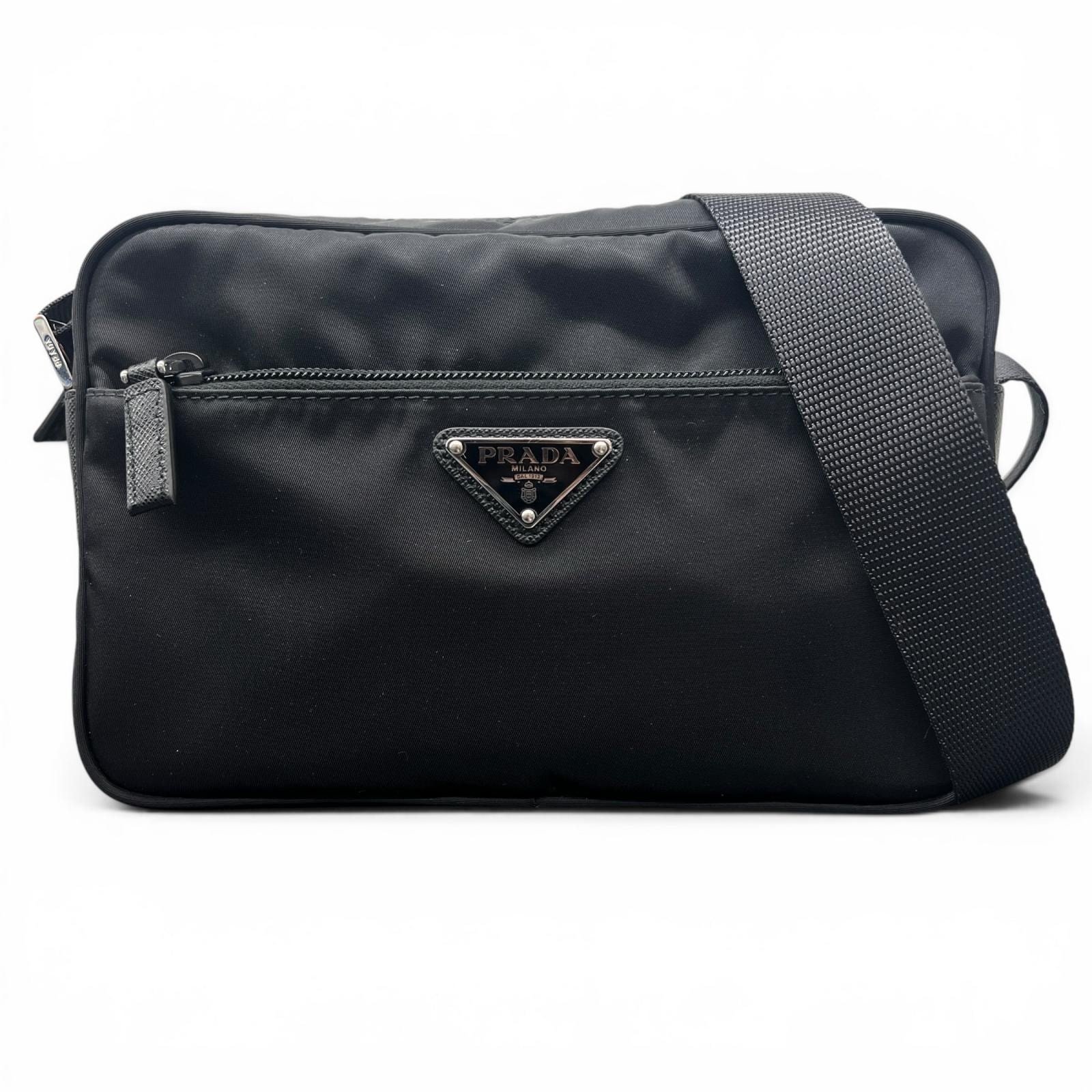 PRADA 極美品 プラダ Re-Nylon サフィアーノレザー リナイロン ショルダーバッグ 1BC167 RFID確認済 ナイロン レザー トライアングルロゴ 三角プレート ロゴプレート ポシェット Aランク 鑑定済 中古