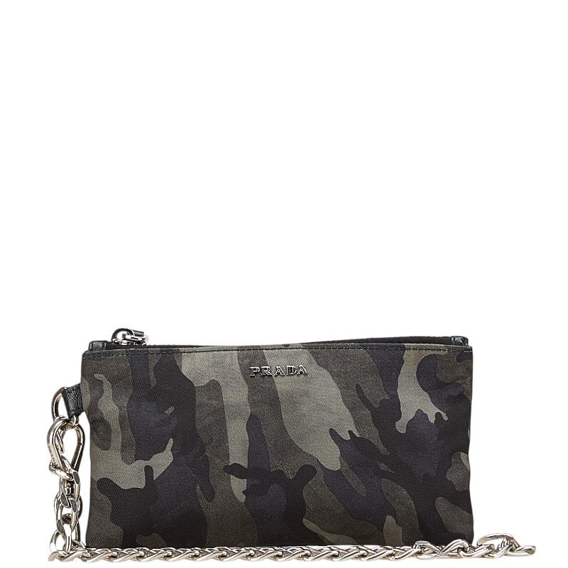 プラダ カモフラージュ 迷彩 ポーチ コインケース ブラック グレー ナイロン レザー メンズ PRADA 【中古】