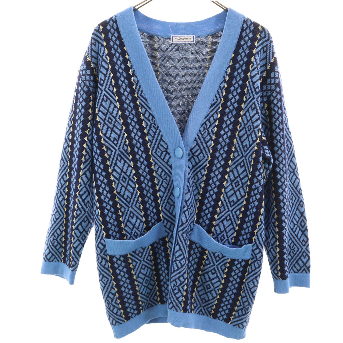 YVES SAINT LAURENT イヴサンローラン 90s オールド 総柄 長袖 Vネック ニットカーディガン M ブルー