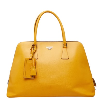 プラダ 三角ロゴプレート ハンドバッグ ボストンバッグ イエロー レザー レディース PRADA 【中古】