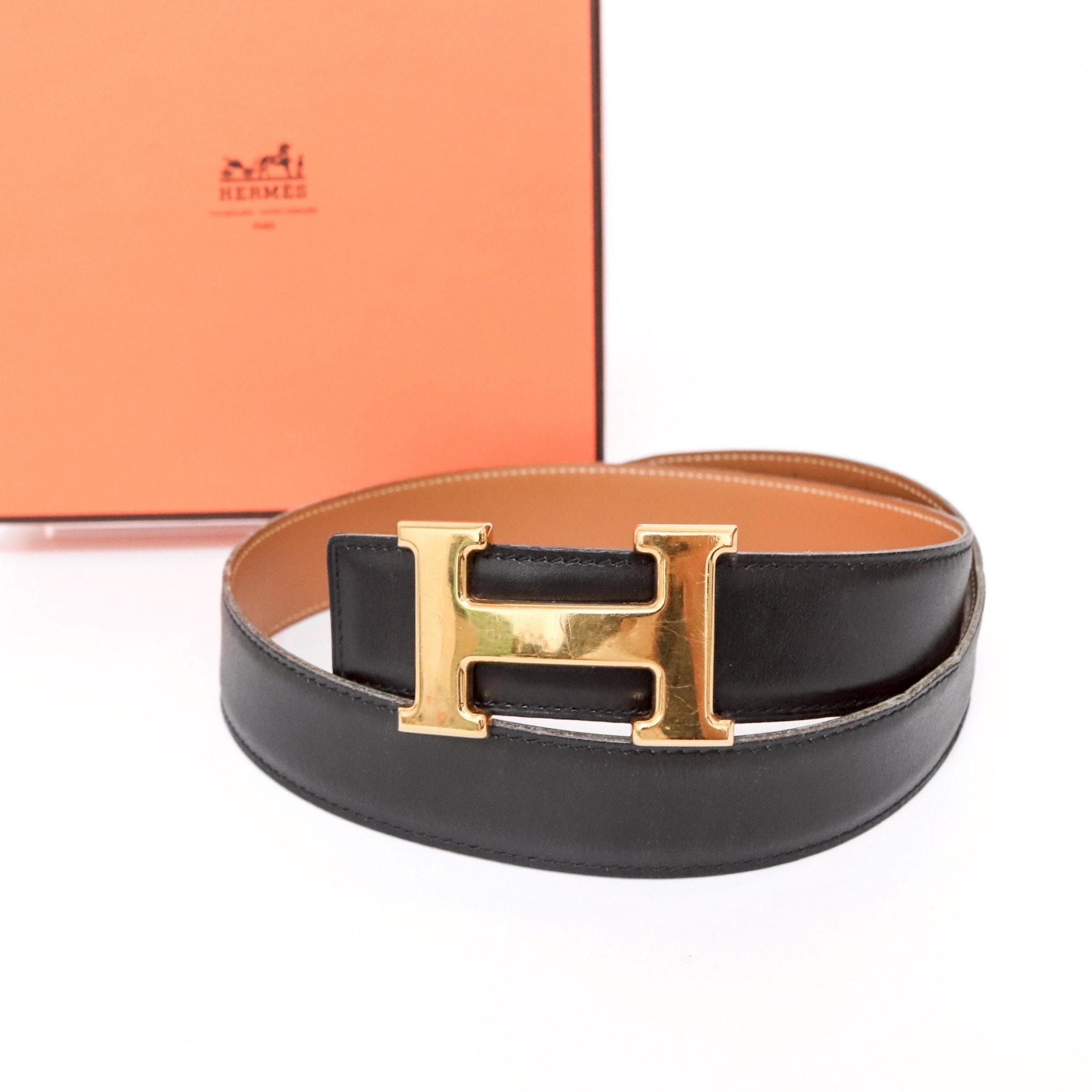 【美品】エルメス Hバックル コンスタンス レザーベルト 黒 ゴールド 70 ◯X刻印