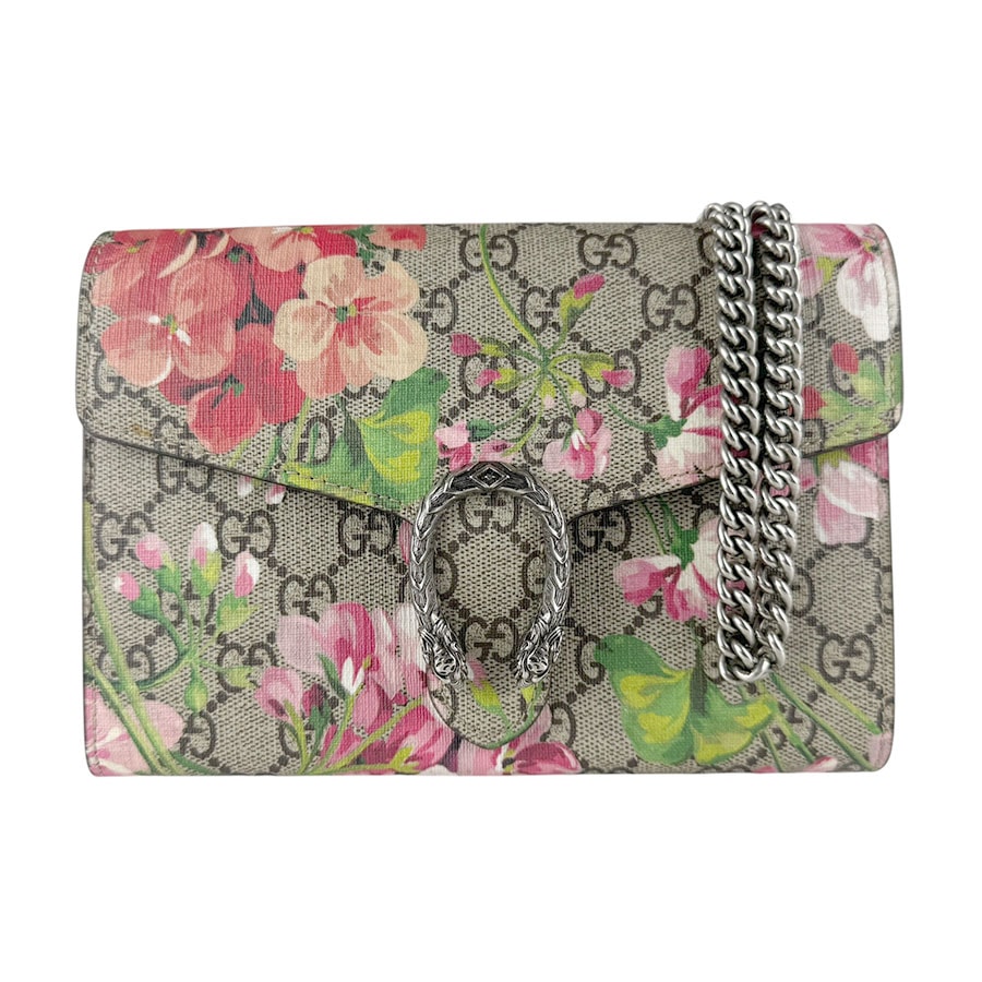 グッチ GUCCI  チェーンウォレット GGフローラ ディオニュソス GGスプリームキャンバス ブラウン/ピンク系 レディース 401231【中古】 z9617