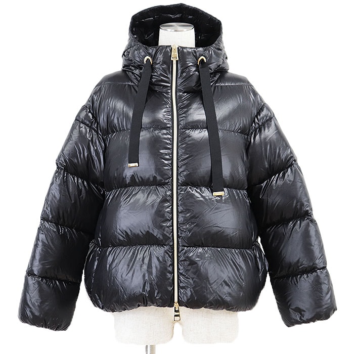 【美品】Herno ヘルノ ダウンジャケット ジップアップ フーディー ロゴ メタルプレート リラックスフィット ナイロン100% ドローコード アウター レディース サイズ 40 ダークネイビー 紺 ルーマニア製