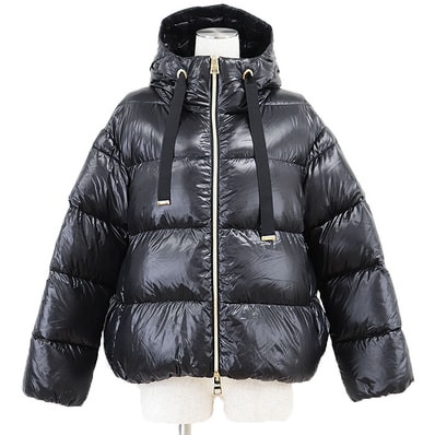 【美品】Herno ヘルノ ダウンジャケット ジップアップ フーディー ロゴ メタルプレート リラックスフィット ナイロン100% ドローコード アウター レディース サイズ 40 ダークネイビー 紺 ルーマニア製