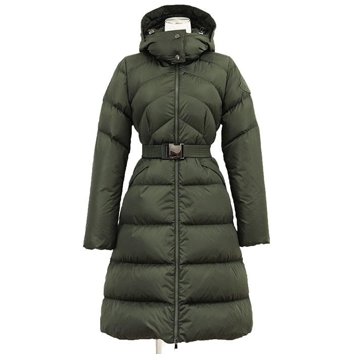 MONCLER モンクレール ダウンコート AGOT サイズ 00 レディース 2020年製 ロゴ ワッペン ベルテッド フード取り外し可 ナイロン100% ダウンジャケット アウター ベルト付属 オリーブ アルメニア製