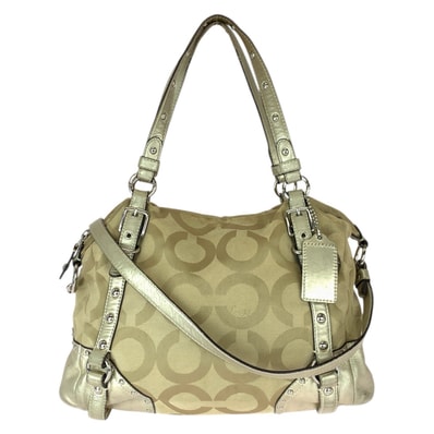 COACH コーチ オプアート 2way ベージュ ゴールド シルバー金具 キャンバス レザー/ トートバッグ ショルダーバッグ 600303 【中古】
