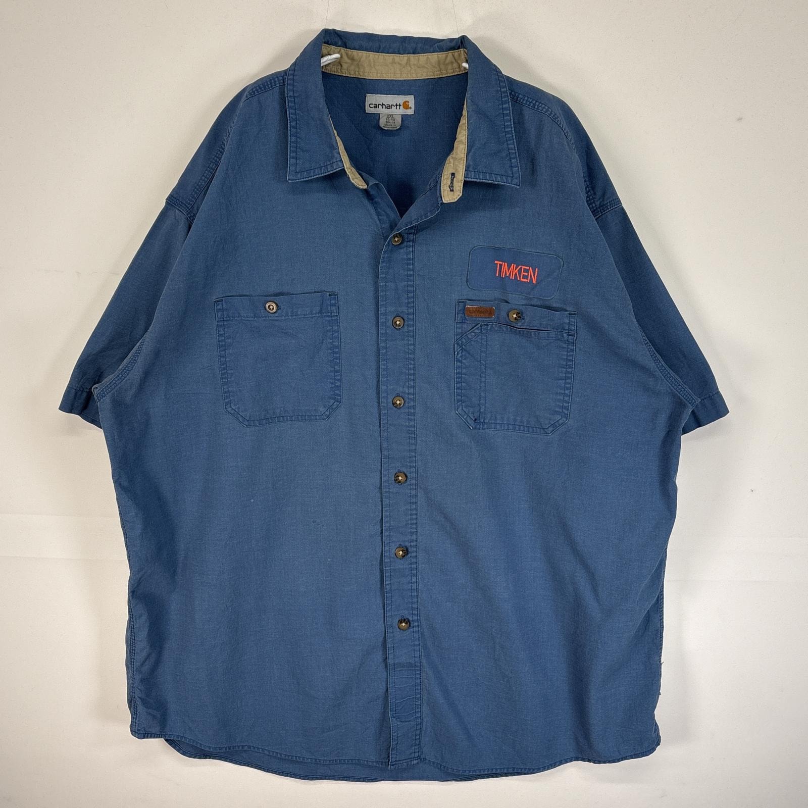 古着 カーハート Carhartt 半袖シャツ ワーク 作業着 大きいサイズ 肉厚 ワンポイント ロゴ 2XL  ブルー系 無地 メンズ