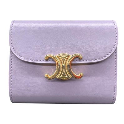 CELINE 希少カラー 極美品 セリーヌ SMALL FLAP WALLET トリオンフ スモール フラップ ウォレット 三つ折り財布 10D783 レザー ラベンダー パープル コンパクトウォレット ミニ財布 マカダム Aランク 中古 鑑定済 セリーヌ財布