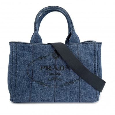 PRADA プラダ 2WAY カナパ ミニ デニム ハンドバッグ ショルダーバッグ 肩掛け 斜め掛け トライアングルロゴ 1BG439 コットン インディゴ ゴールド金具 レディース【中古品】