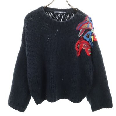 ZARA KNIT ザラニット 刺繍デザイン 長袖 セーター S ネイビー