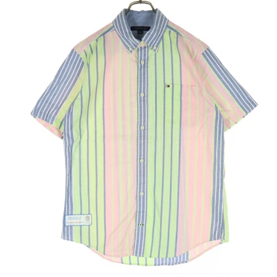 TOMMY HILFIGER トミーヒルフィガー コットン マルチカラー ストライプ柄 半袖 ボタンダウンシャツ L ブルー系