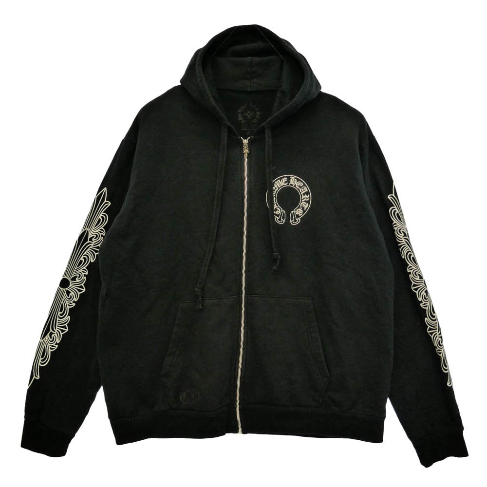 CHROME HEARTS クロムハーツ(原本無) SWTSHRT HD ZIP 袖フローラル バックホースシュー ダガージップ パーカー フーディー ブラック系 XL【中古】