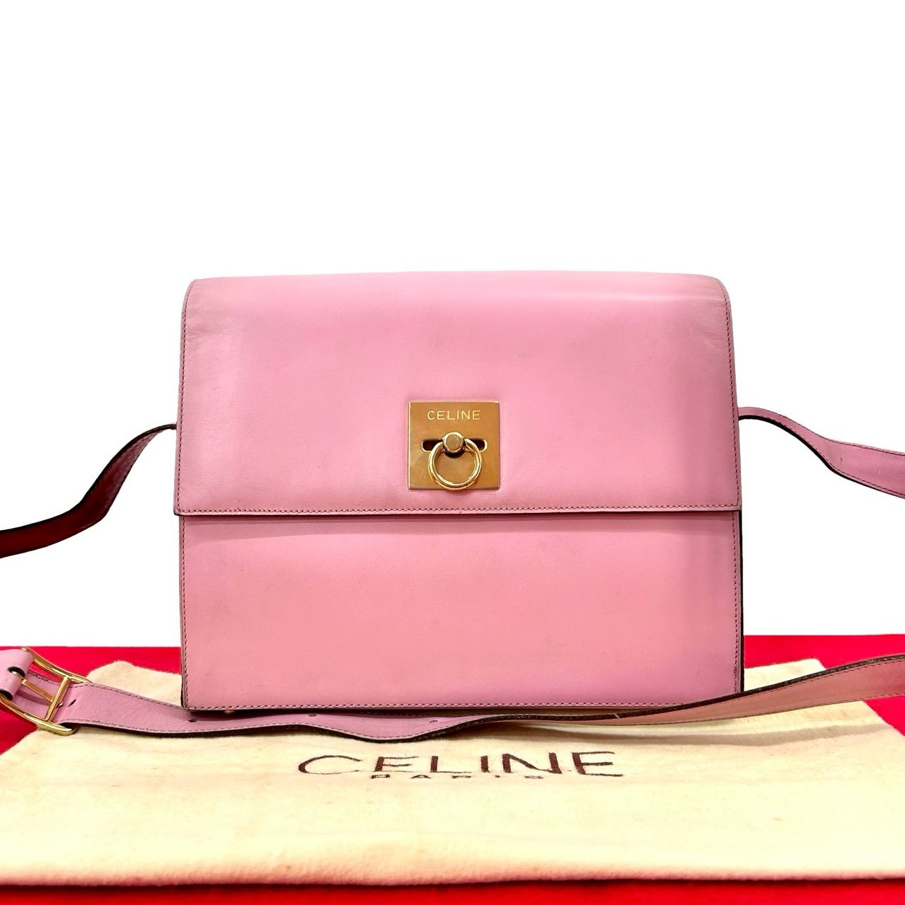 CELINE セリーヌ ロゴ リング金具 レザー ショルダーバッグ ピンク
 26147