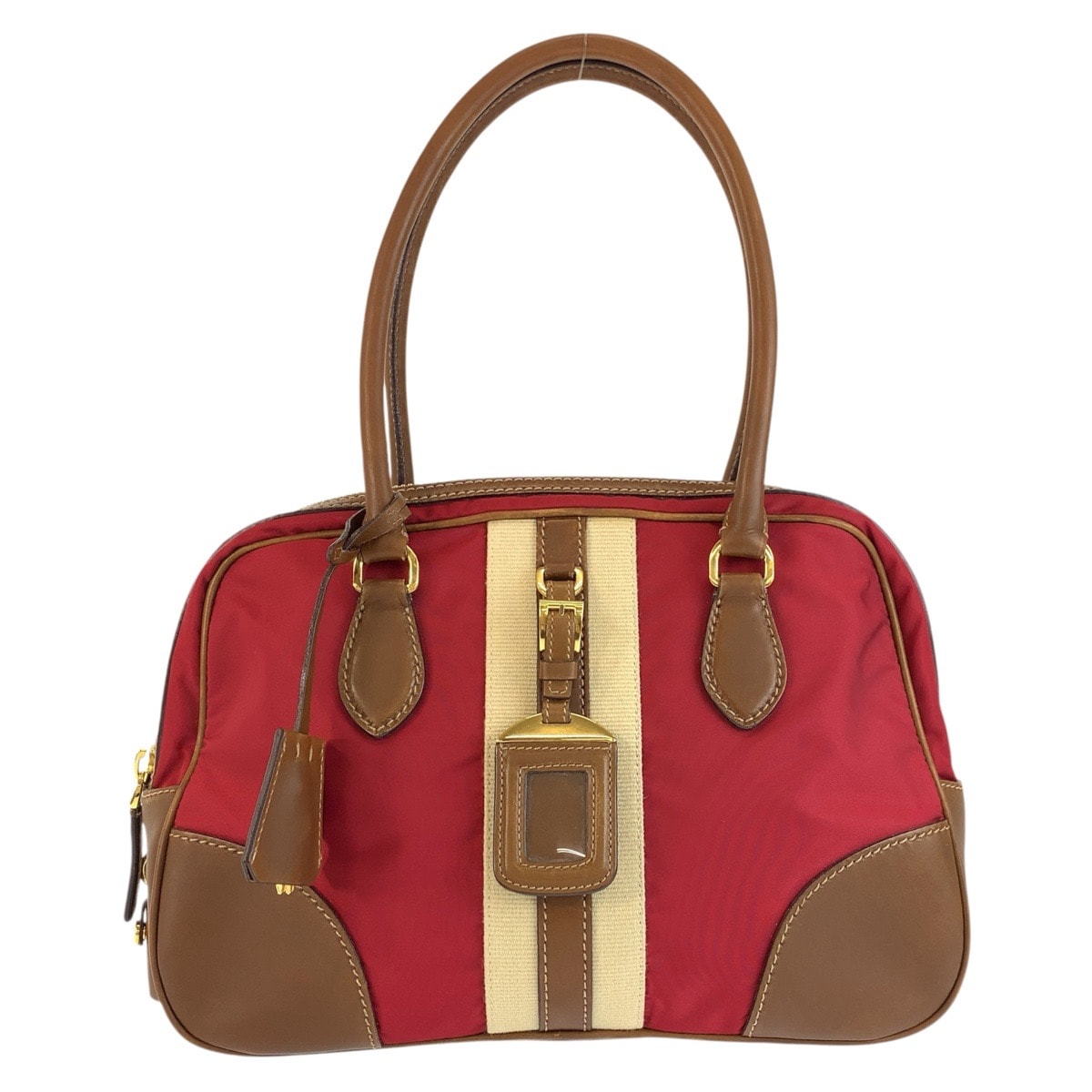 PRADA プラダ 三角ロゴプレート レッド ブラウン ゴールド金具 キャンバス レザー/ ハンドバッグ ボーリングバッグ 602203 【中古】