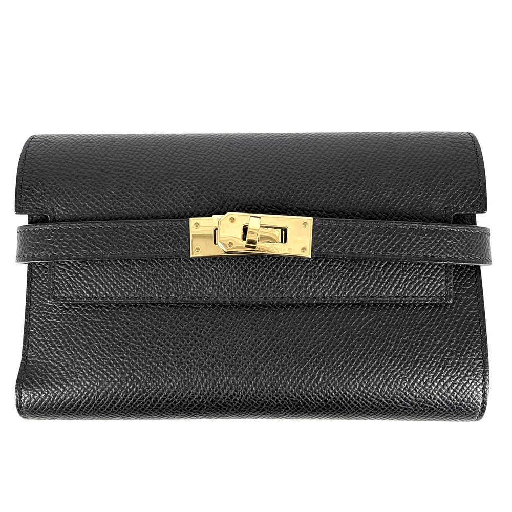 HERMES エルメス 長財布 ケリーウォレットミディアム 折り財布 D刻印 ヴォーエプソン    ブラック 黒 ゴールド金具 レディース 美品 2019年【中古品】