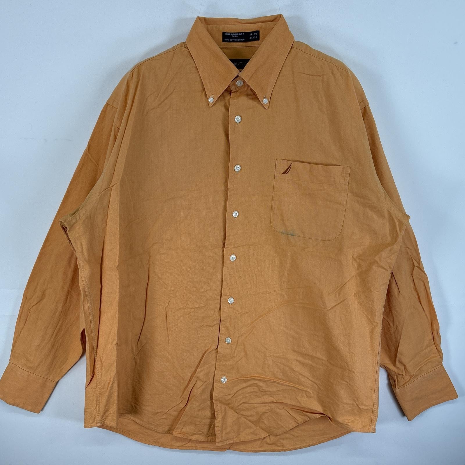 古着 ノーティカ NAUTICA 長袖シャツ オックスフォードシャツ ワンポイント ロゴ 刺繍 カラーシャツ 16 1/2 L-XL  オレンジ 無地 メンズ