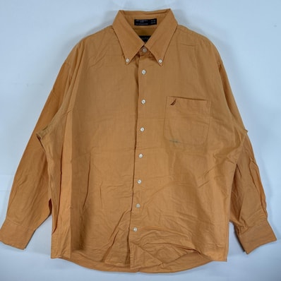 古着 ノーティカ NAUTICA 長袖シャツ オックスフォードシャツ ワンポイント ロゴ 刺繍 カラーシャツ 16 1/2 L-XL オレンジ 無地 メンズ