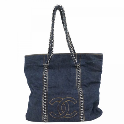 【6dc2417】シャネル チェーントート デニム ネイビー シルバー金具【中古】レディース