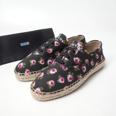 ■美品■PRADA プラダ スニーカー サイズ37 フラワー エスパドリーユ レースアップ 靴 イタリア製 ブランド古着【中古】20260918/RB0765