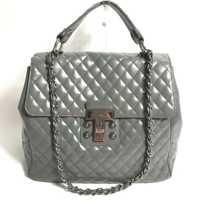 シャネル CHANEL ロゴ キルティング ハンドバッグ 2WAY チェーンバッグ 肩掛け ショルダーバッグ レザー グレー
