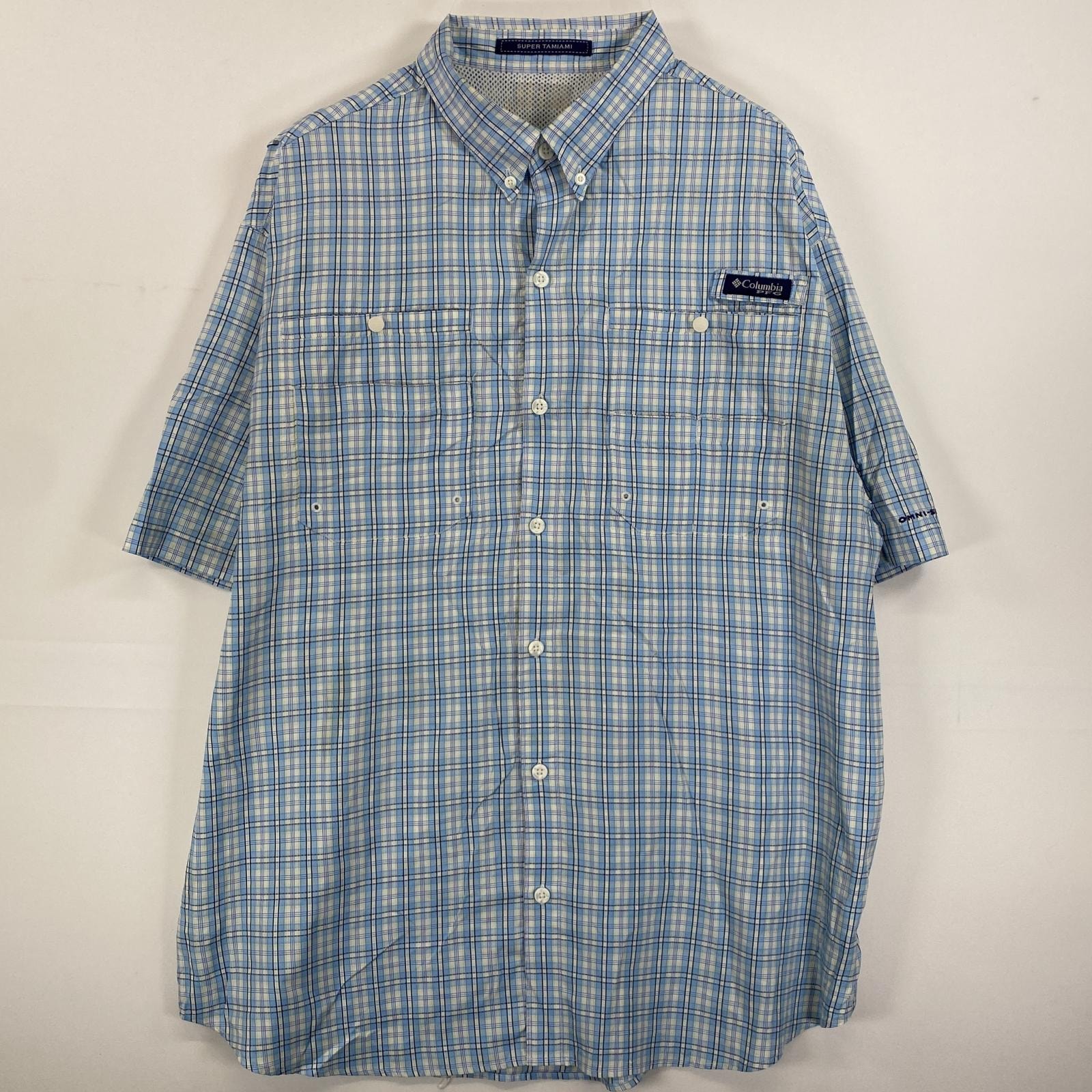 古着 コロンビア Columbia 半袖シャツ PFG フィッシング ワンポイントロゴ  ブルー系 チェック メンズ