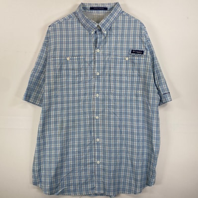古着 コロンビア Columbia 半袖シャツ PFG フィッシング ワンポイントロゴ ブルー系 チェック メンズ