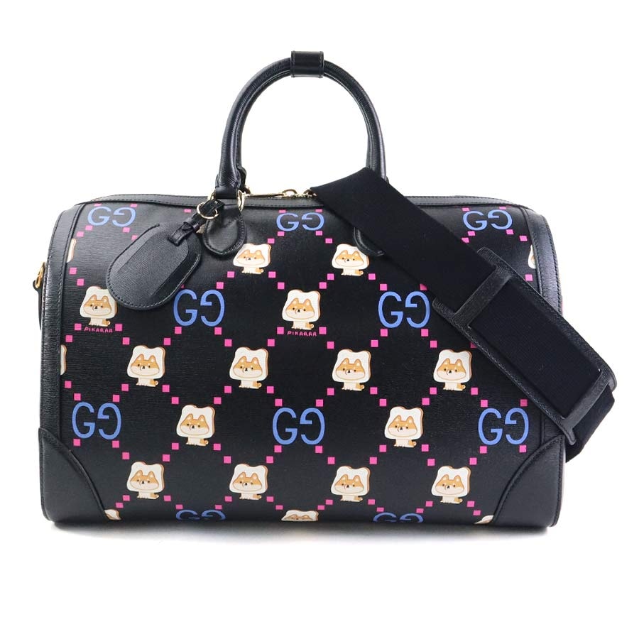 グッチ GUCCI ボストンバッグ レザー ブラック×マルチカラー ユニセックス 739955【中古】 90018g
