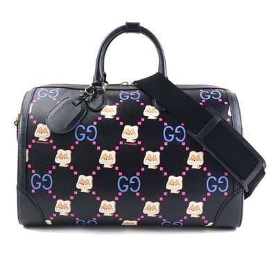 グッチ GUCCI ボストンバッグ レザー ブラック×マルチカラー ユニセックス 739955【中古】 90018g