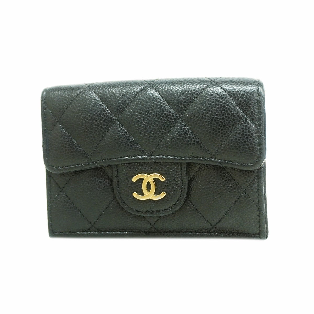 【6kd3872】シャネル 三つ折り財布 マトラッセ キャビアスキン ブラック シャンパンゴールド金具【中古】レディース