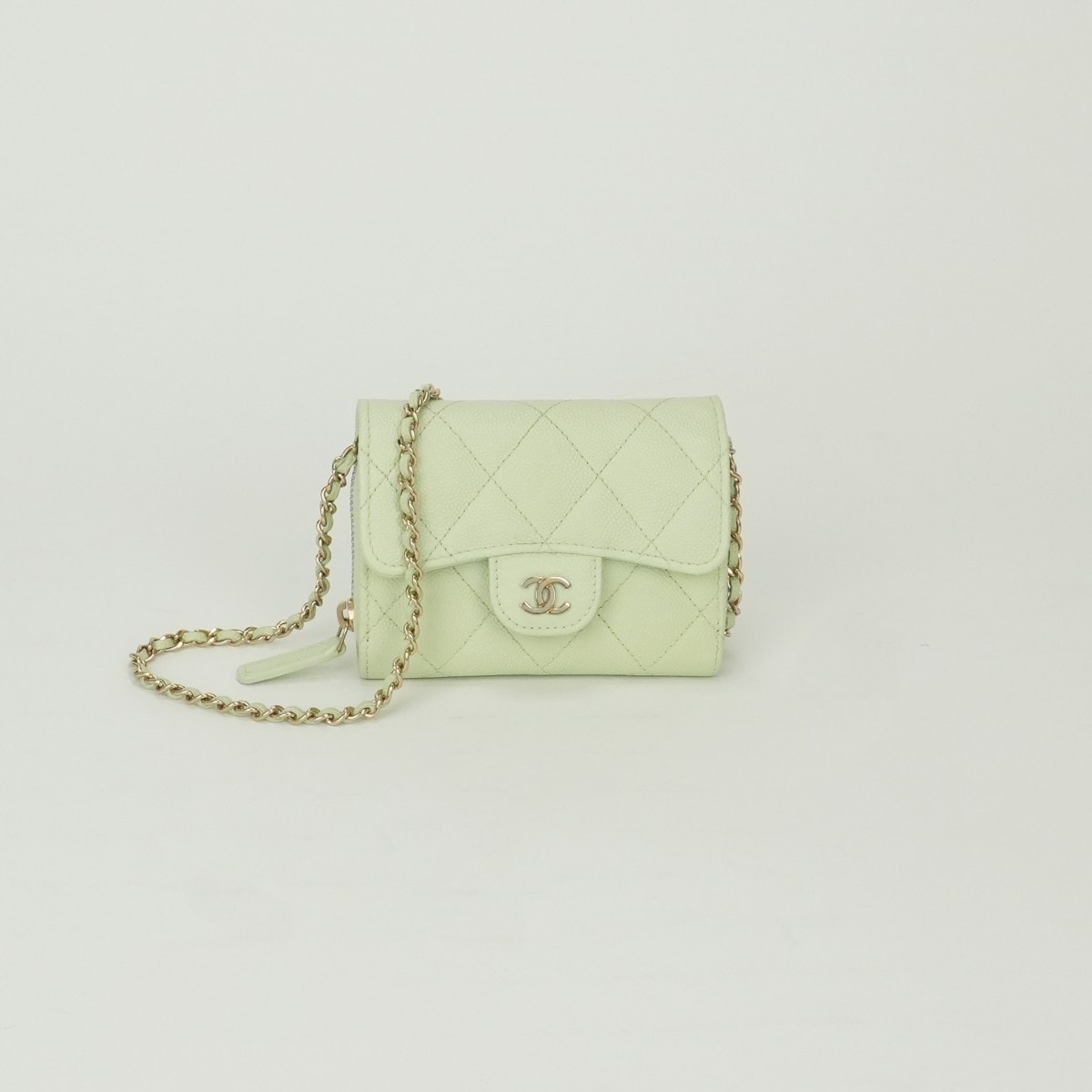 シャネル CHANEL マトラッセ 財布 二つ折り財布 ミニ財布 ミニウォレット キャビアスキン ミントグリーン Mintgreen 緑 ゴールド金具 チェーンショルダーバッグ チェーンウォレット WOC 財布