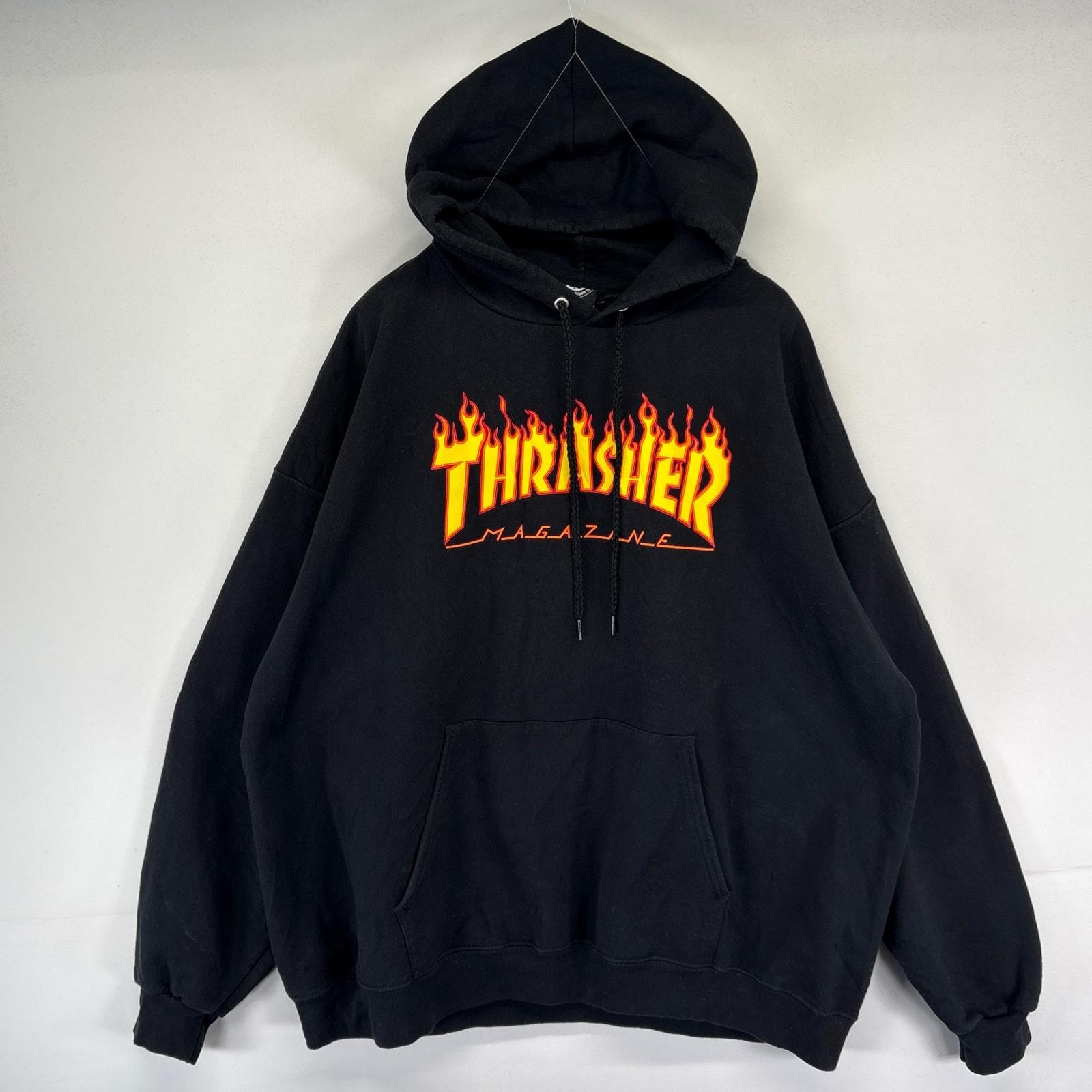 古着 スラッシャー THRASHER パーカー プルオーバー ビッグプリントロゴ スウェット スケーター XL ブラック系 メンズ