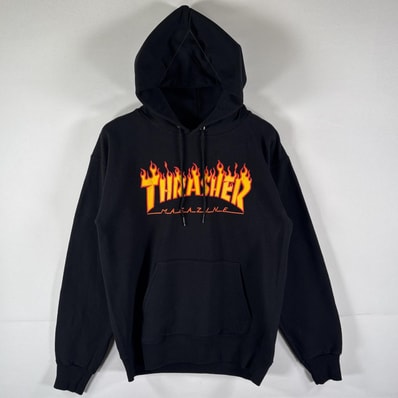古着 スラッシャー THRASHER パーカー スウェット フーディ プルオーバー スケーター ストリート ファイヤーパターン ブラック メンズ