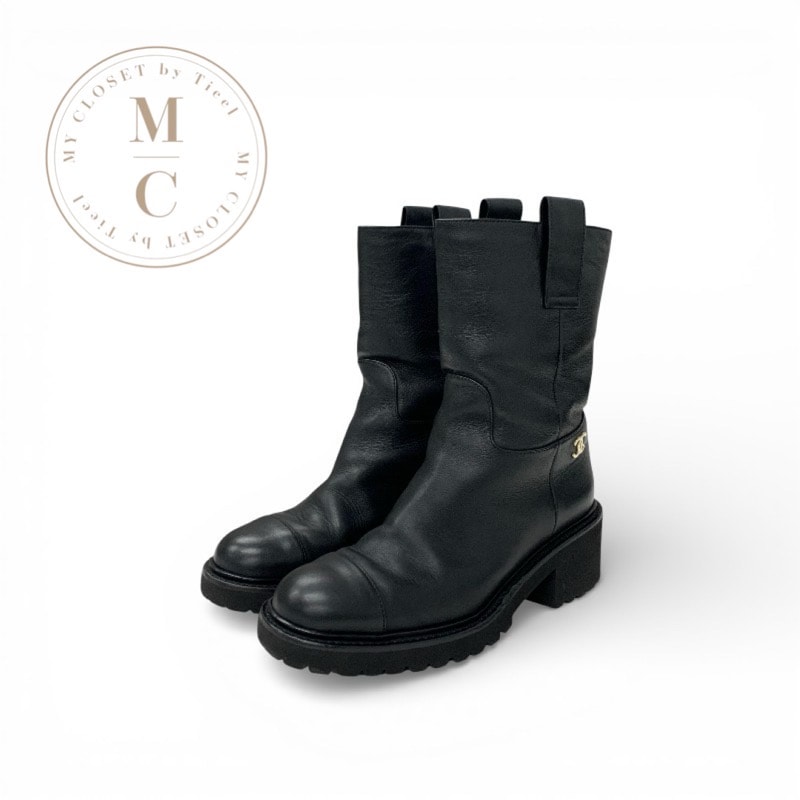 シャネル CHANEL ブーツ ショートブーツ 靴 シューズ レザー ブラック ゴールド ロゴ ココマーク