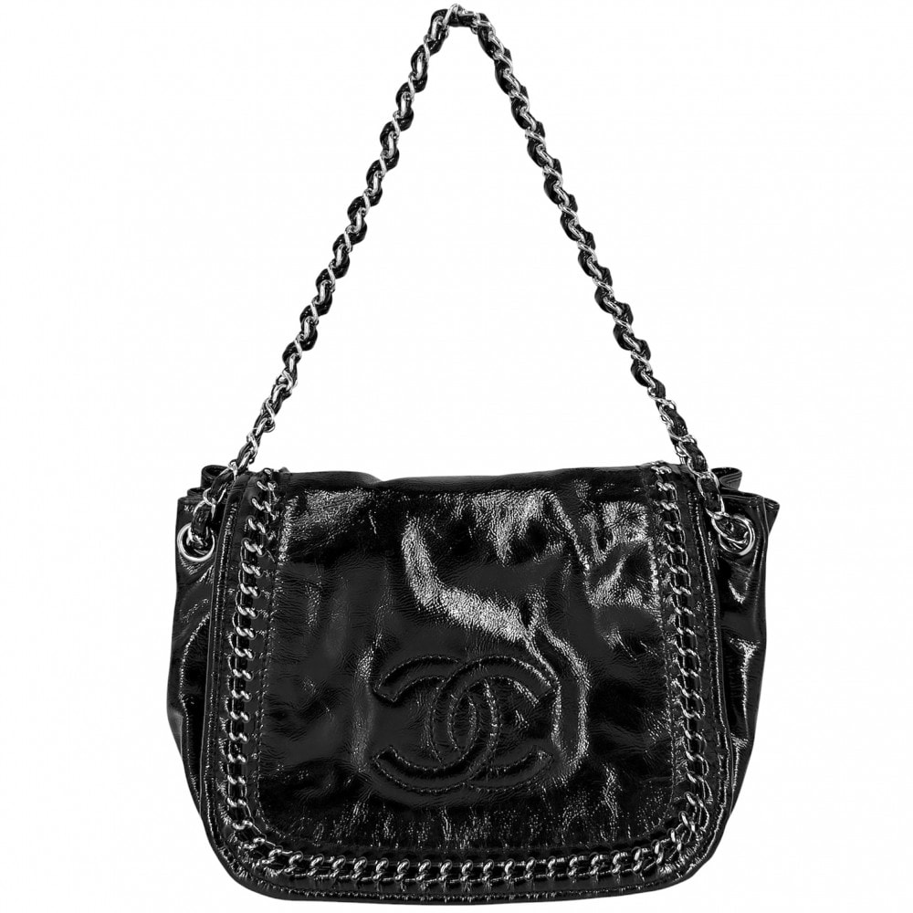 CHANEL シャネル ショルダーバッグ ココマーク チェーン 肩掛け エナメル パテントレザー    ブラック 黒 シルバー金具 レディース【中古品】