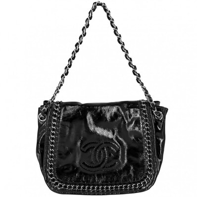 CHANEL シャネル ショルダーバッグ ココマーク チェーン 肩掛け エナメル パテントレザー ブラック 黒 シルバー金具 レディース【中古品】