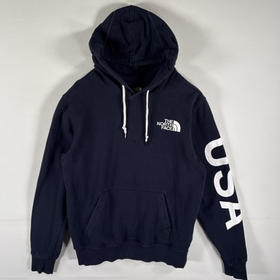 古着 ザ・ノースフェイス THE NORTH FACE パーカー スウェット ロゴプリント バックプリント プルオーバー S ネイビー系 メンズ