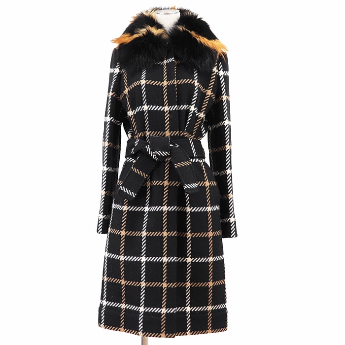 【極美品】DOLCE&GABBANA ドルチェアンドガッバーナ コート サイズ 42 レディース ヴィンテージ 1995FW ウールツイード ウィンドウペン フォックスファー チェック アウター ベルト付属 ブラック 黒